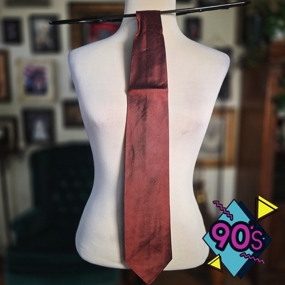 Structure Tie Mens Vintage 90s Red Geometric Woven Italian Silk Necktie Formal